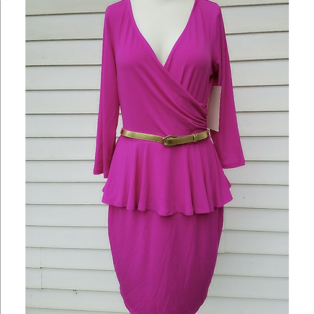 Boston Proper Pink Peplum Dress with Gold Belt